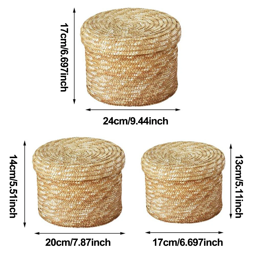 

3 Pcs/Set Handmade Straw Woven Storage Basket With Lid Snack Organizer Storage Box Laundry Baskets Rattan Storage Flower Basket