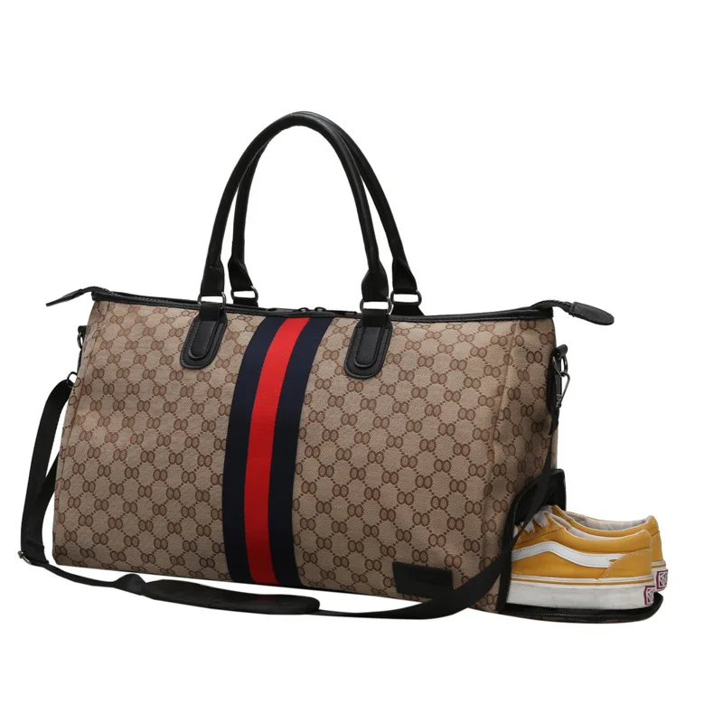 

2021 Hot Men Women Big Capacity Strip Travel Bag PU Carry Hand Luggage Bag Travel Shoulder Bag Male Female