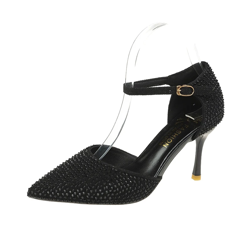 

WDHKUN Shoes Women High Heels Luxury Crystal Rhinestones Stiletto High Heels Pump Ladies Buckle Strap Pointed Toe Wedding Shoes