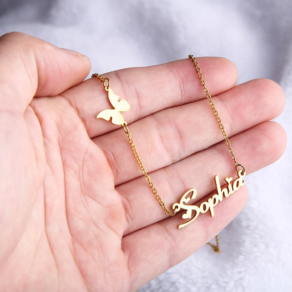 Именное колье с бабочкой для женщин персонализированное из нержавеющей стали