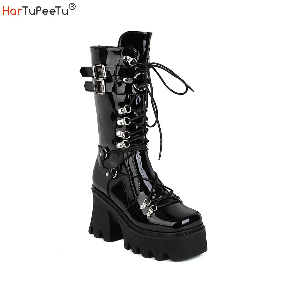 

Women's Studded Mid Calf Combat Punk Boots PU Leather Goth Black Platform Shoes Cross Lace Up Buckle Chunky High Heel Booties