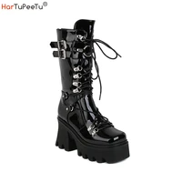 womens studded mid calf combat punk boots pu leather goth black platform shoes cross lace up buckle chunky high heel booties