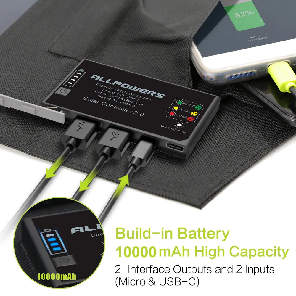 allpowers 5v 15w portable solar panel built in 10000mah battery foldable solar charger suitable for all phones outdoor camping free global shipping