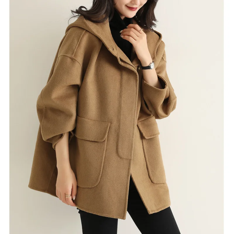 

Women's Elegant Long Wool Coat Jacket coffee loose fashion Outerwear Ladies double sided cashmere Overcoat Autumn Winter 2021
