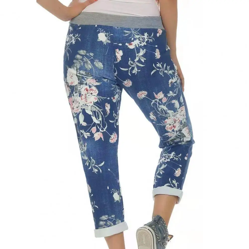 Джинсы женские уличные с цветочным принтом повседневные брюки боковыми
