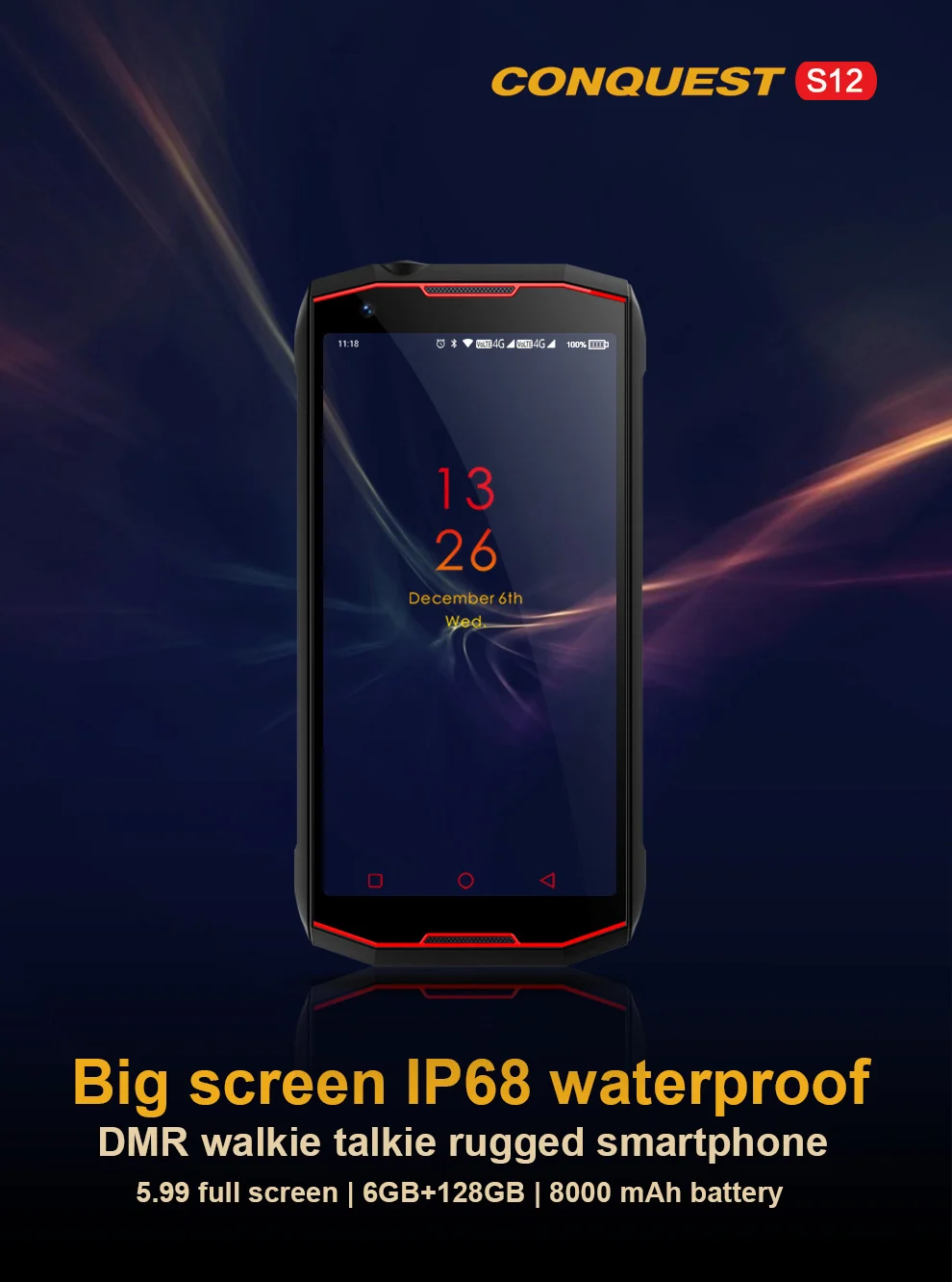 Conquest S12 pro 6 ГБ+ 128 ГБ 8000 мАч NFC IP68 водонепроницаемый ударопрочный мобильный телефон 5,9" Android 8,1 Восьмиядерный 4G Прочный смартфон