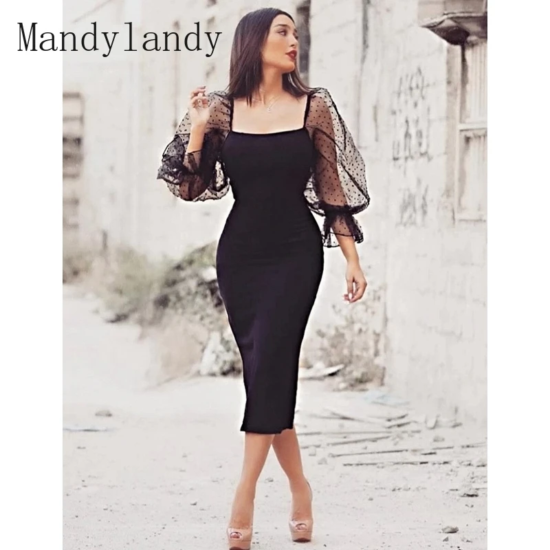 

Mandylandy Dress Womens Slim High Waist Square Collar Backless Dress Elegant Solid Color Lace Mesh See-through Puff Sleeve Dress