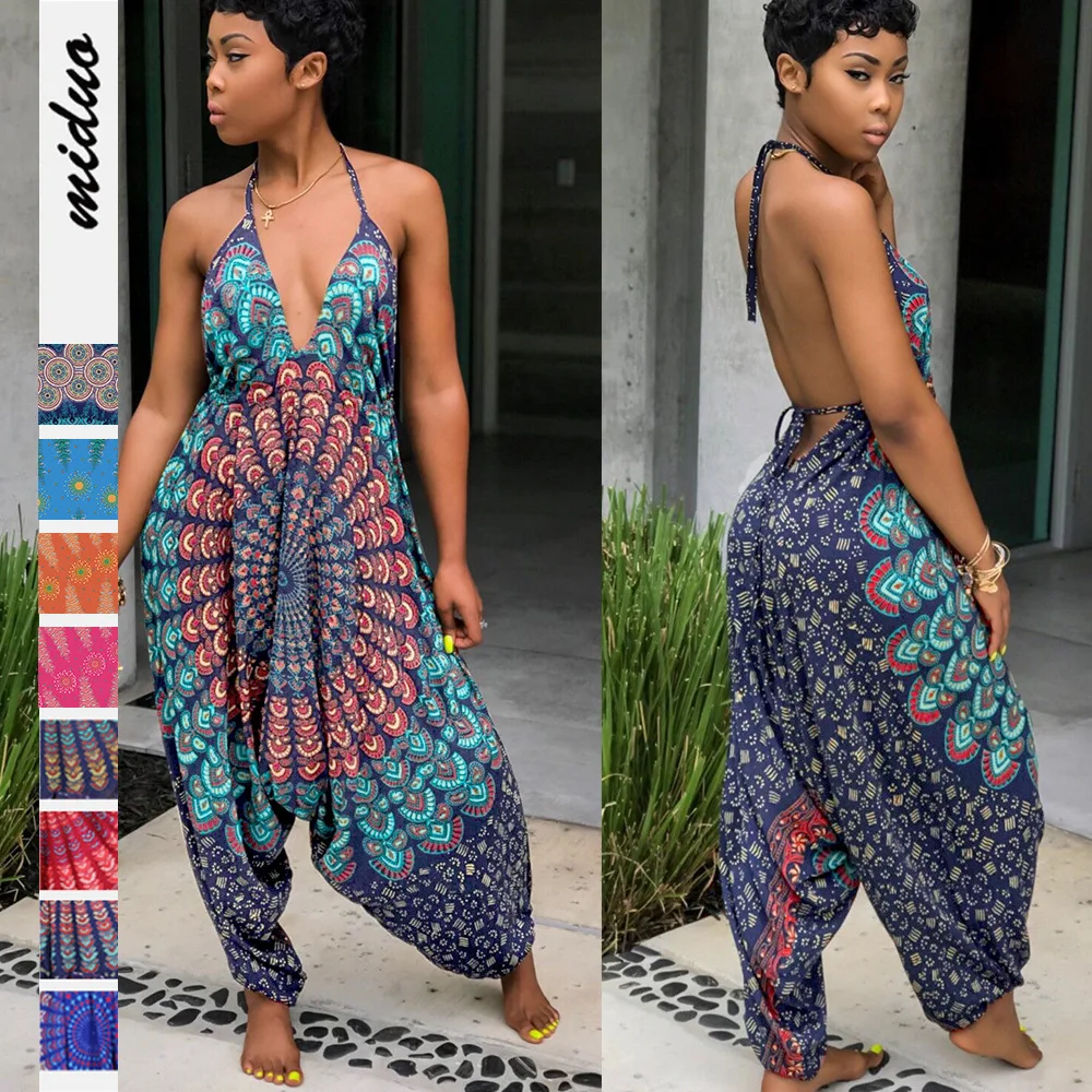 

African Clothes for Women Dashiki Sleeveless Wide Leg Pants Sexy V Neck Backless Print Playsuit 2020 New Fashion Jumpsuit Romper