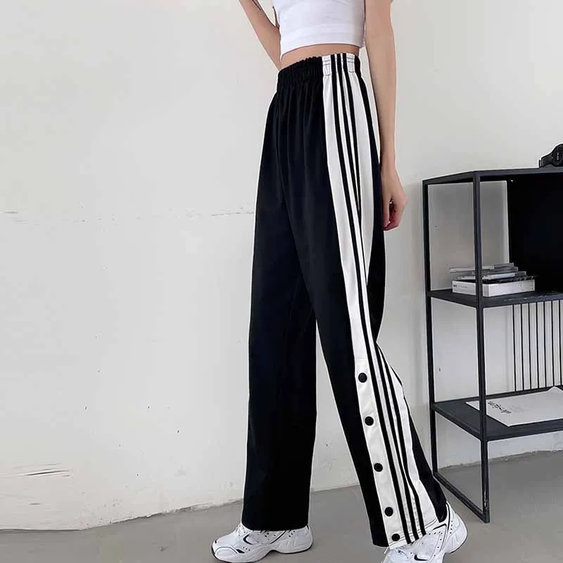 

2021 Women Joggers Sweatpants Casual Wide Leg Pants Women Stripe Hip Hop Sweat Pants Streetwear Women Button Trousers Vintage