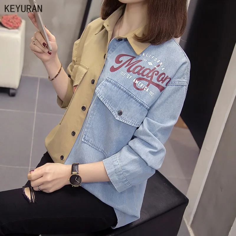 

Denim Patchwork Long Sleeve Women Blouses Turn-down Collar Print Korean Fashion Top Spring Oversize Spliced Loose Female Shirt