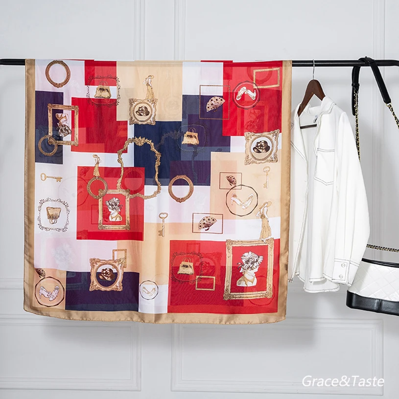 Модная женская шелковая сатиновая шаль роскошная брендовая повязка на голову