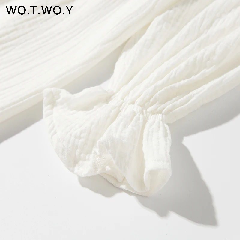 Женское платье рубашка с оборками WOTWOY белое повседневное хлопковое мини