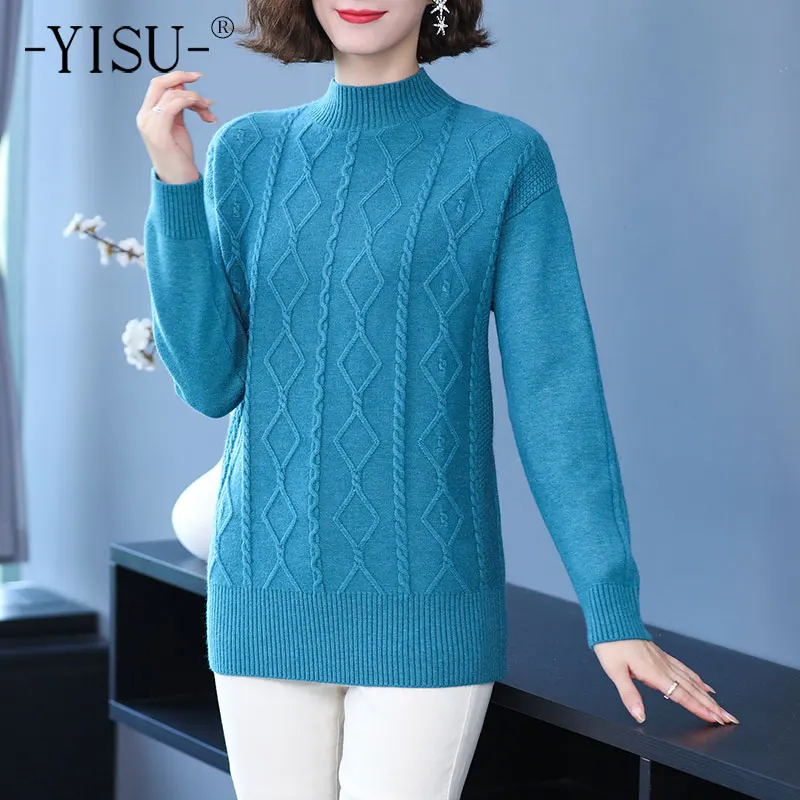 

Свитер YISU в полоску «рыбий хвост», женская одежда, Женский вязаный пуловер с длинным рукавом и полувысоким воротником, Простой повседневный...