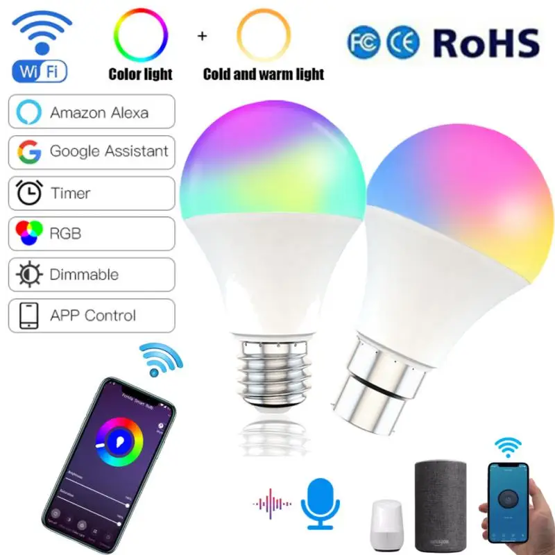 

15 Вт WiFi умный Светильник E27 B22 Лампа с регулируемой яркостью RGB + CCT умный светильник с голосовым управлением работа с Alexa Google Home