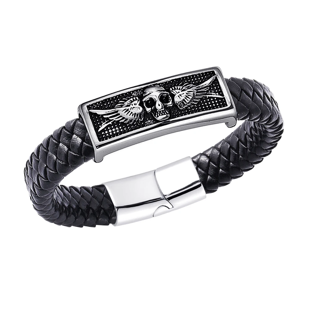 FIREBROS Magnetic Stainless Steel Angel Wing Skull Charm Genuine Leather Bracelet Chunky Exaggerated Men Retro Punk Jewelry Gift | Украшения