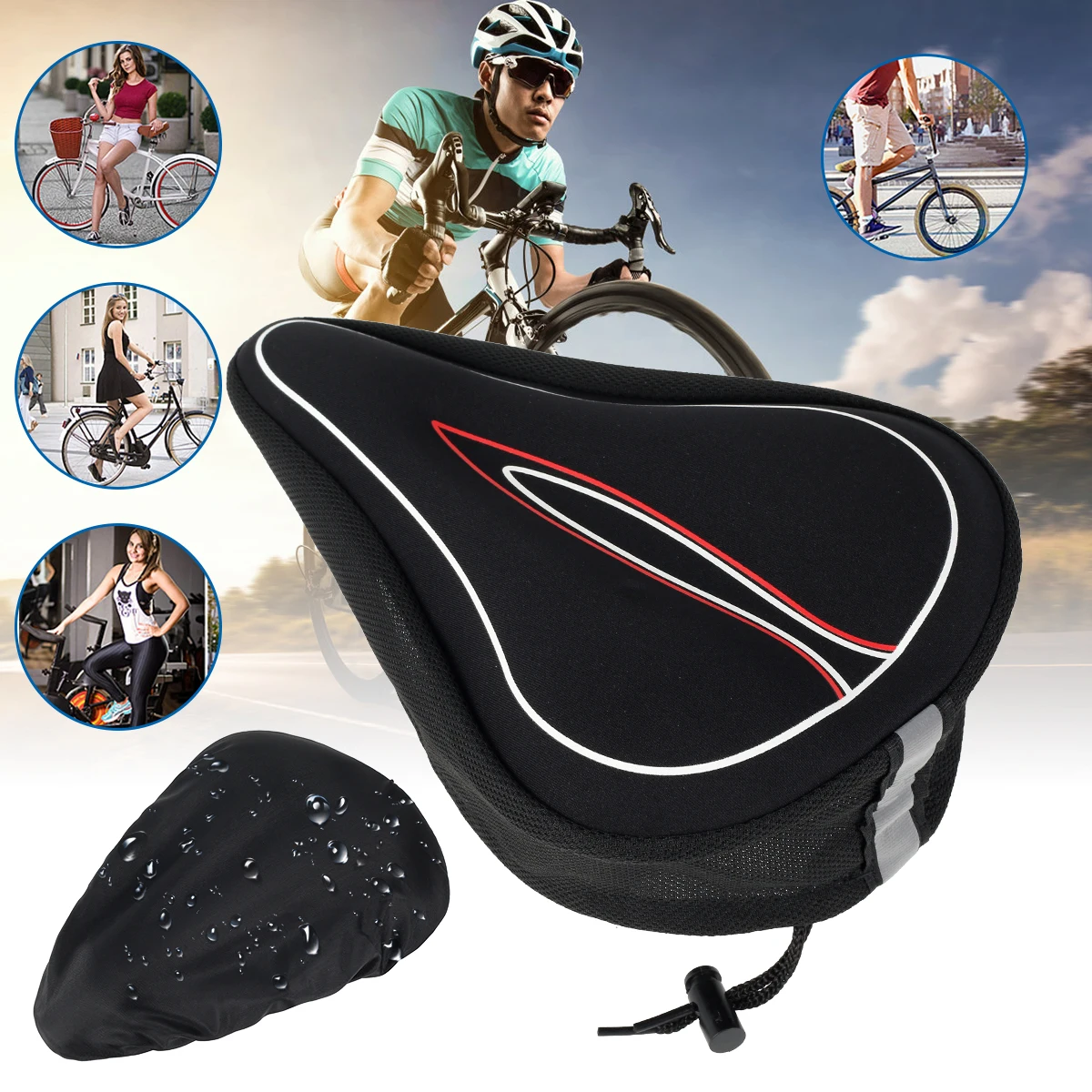 

Bike Seat Cushion Cover Anti-Slip Silicone Bike Seat Padded Cover with Reflective Strip Waterproof Saddle Cushion w/ Rain Cover