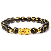 womens men feng shui bracelet luck wealth buddha black obsidian stone beaded bracelet hombre gold color charm pixiu bracelet