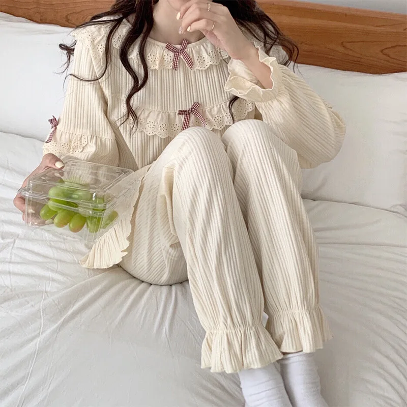 

Women Spring Pajamas Suit Nightgown Cotton Sleepwear Pijamas Sexy 2PCS Shirt&Shorts Nightwear With Lace Trim Sleep Set Homewear