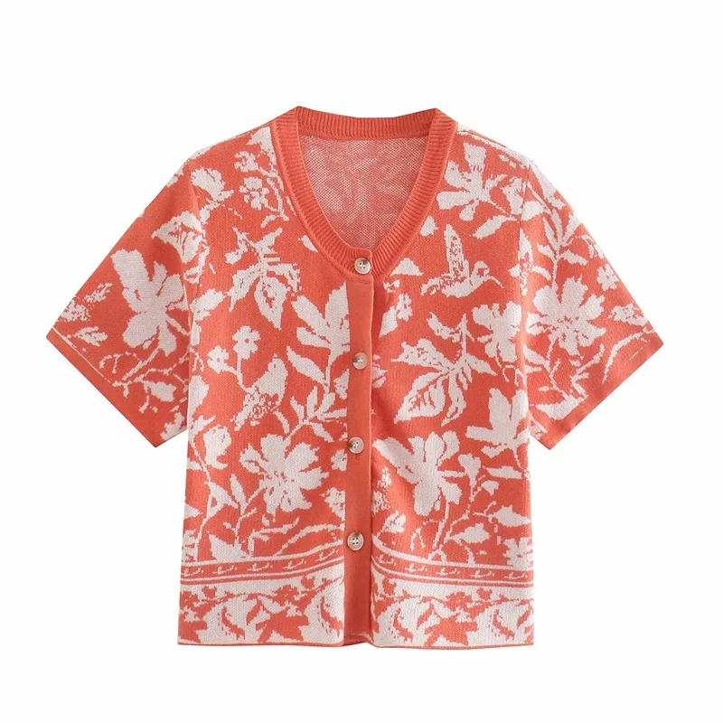 

Женский жаккардовый вязаный свитер MESTTRAF с цветочным принтом, винтажный свитер с круглым вырезом и коротким рукавом, кардиган, уличная одежд...