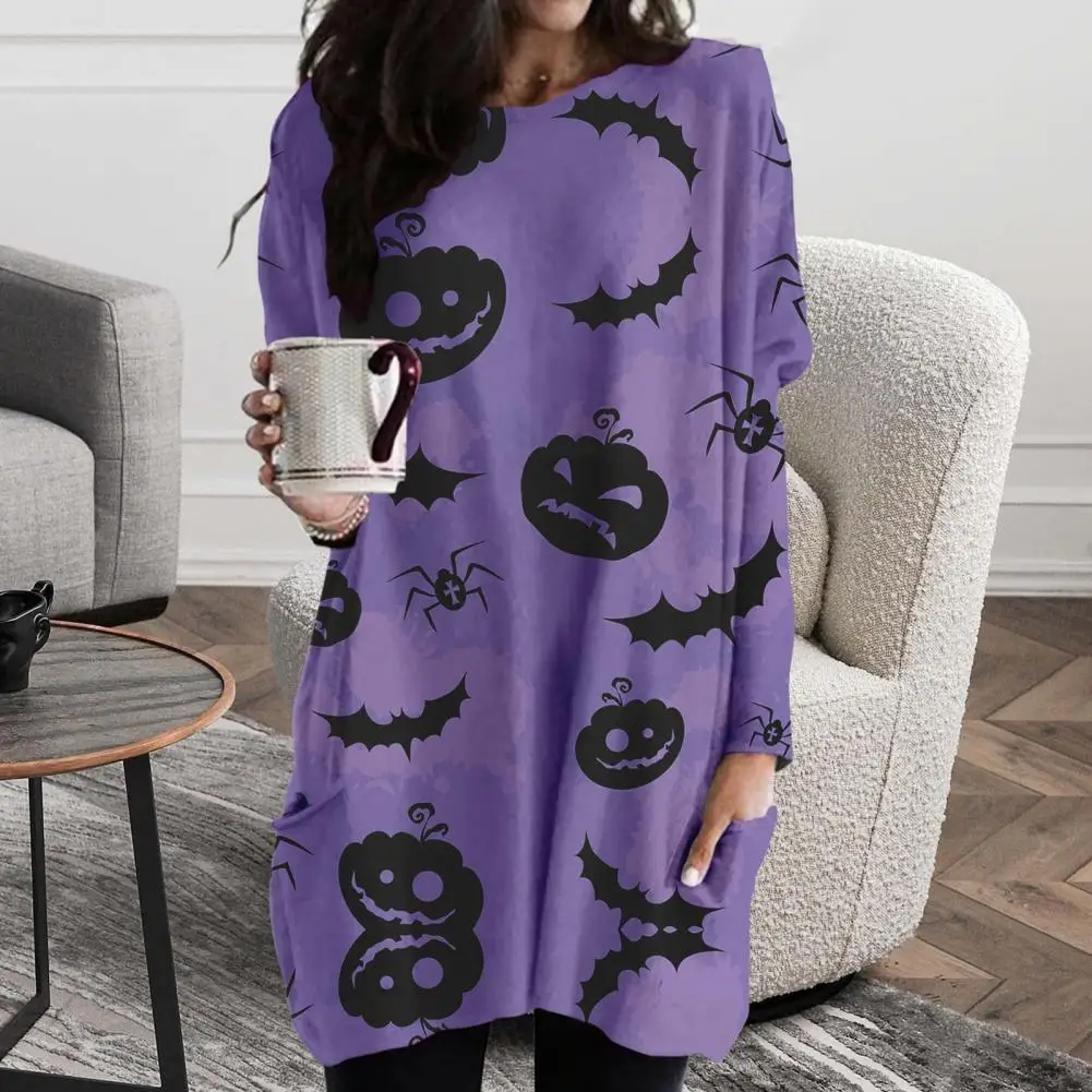 

Women Sweatshirt Dress Halloween Pumpkin Print Side Pockets Party Dress Autumn Blood Hand Print Long Sleeve Halloween Dress Tops