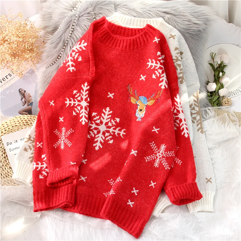 

Ebaihui camisola feminina o grosso, quente pescoço de natal jumper floco de neve deer impressão camisola malha baggy roupas