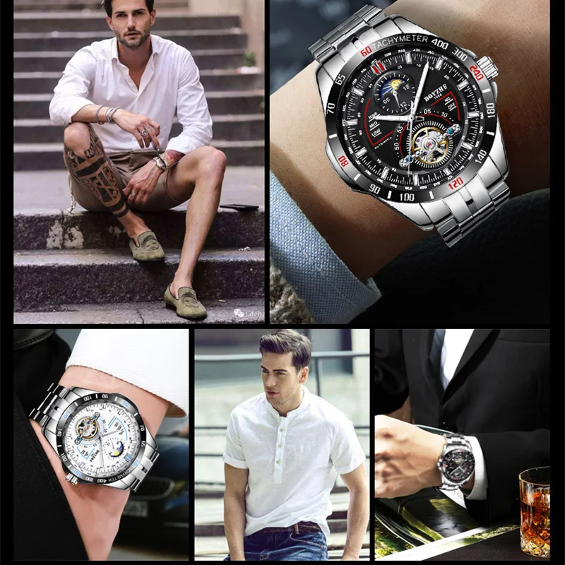 

BOYZHE Mens Automatic Mechanical Watches Sports Fashion Top Brand Tourbillon Stainless Steel Moon Phase Watch Relogio Masculino