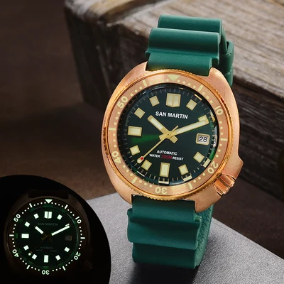 rubber green 2 San Martin, новинка 6105, часы для дайвинга с бронзовым тунцом, Водонепроницаемость 200 м, Акула, кожаный ремешок, Мужские автоматические наручные часы для мужчин - Цвет: rubber green 2