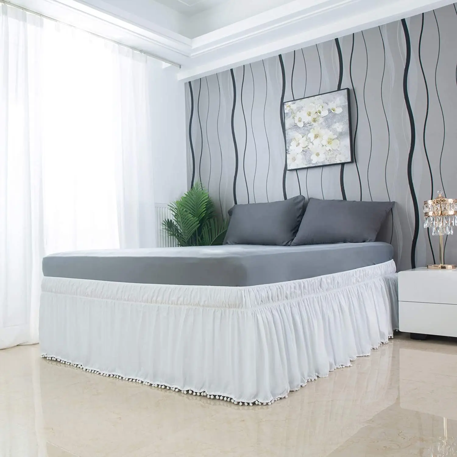 Популярная Пылезащитная трехсторонняя юбка с помпоном и оборками для кровати