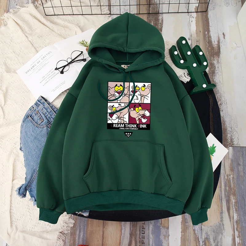 Green250 Shellsuning флисовые толстовки для женщин осень зима корейский BF Harajuku круглый вырез Kawaii Розовая пантера мультфильм печатных Ins пуловер - Цвет: Green250
