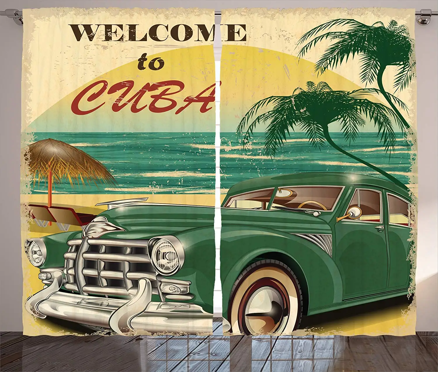 

Светонепроницаемые шторы 1950s, ностальгические, добро пожаловать на Куба, Artsy, классический автомобиль, пляж, океан и пальмы, декор для гостин...
