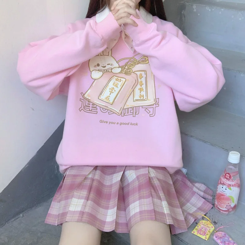

HARAJPOO Woman Hoodie 2021 New Spring Japanese Ins Fashion Cute Sweet Good Luck Always Bears Printed Loose Versatile Sweatshirts