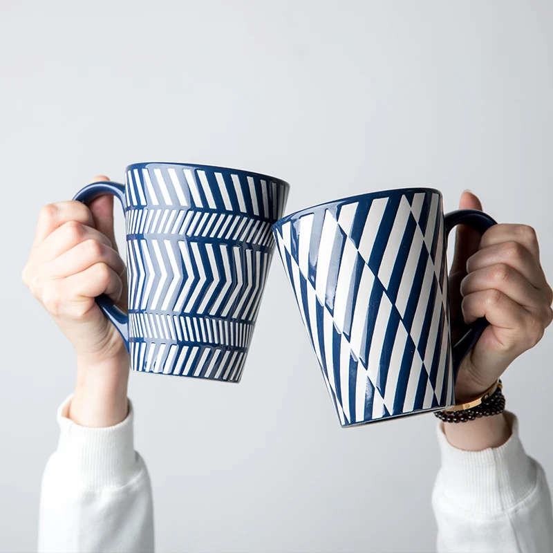 

Hand Painted Geometric Ceramic Mugs With Spoon Handmade Cups For Coffee Tea Milk Oatmeal Creative Birthday Gifts