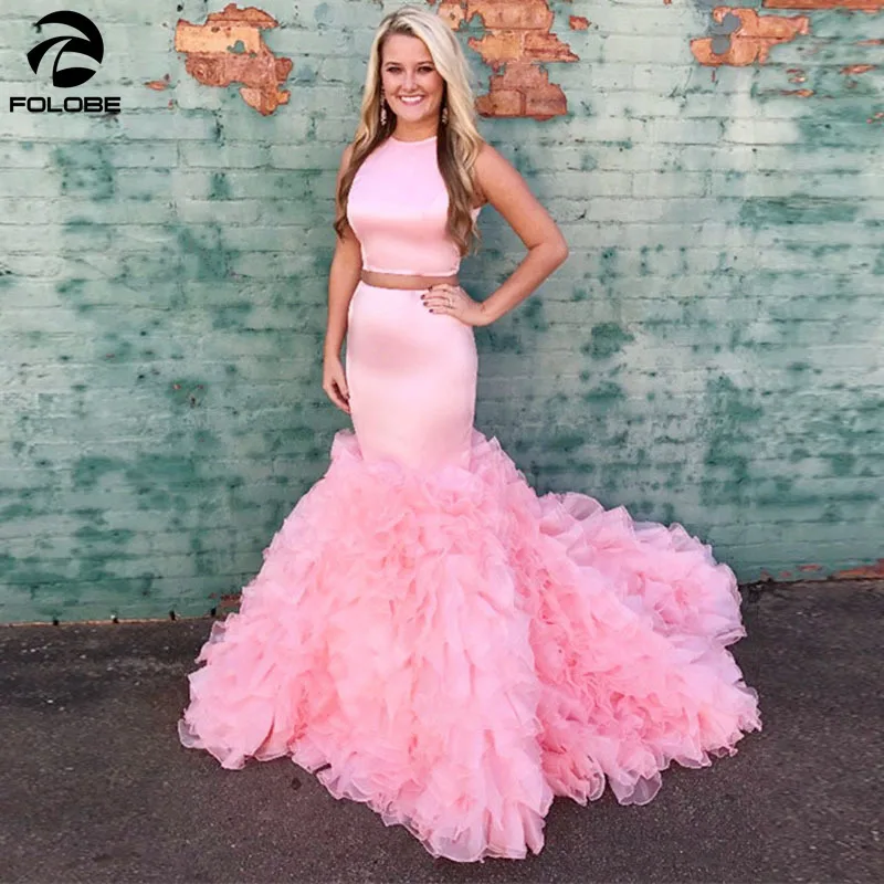 

Two Pieces Pink Prom Dresses Mermaid O Neck Sleeveless Ruffles Organza Formal Evening Gowns Black Girls Party Dresses Vestidos