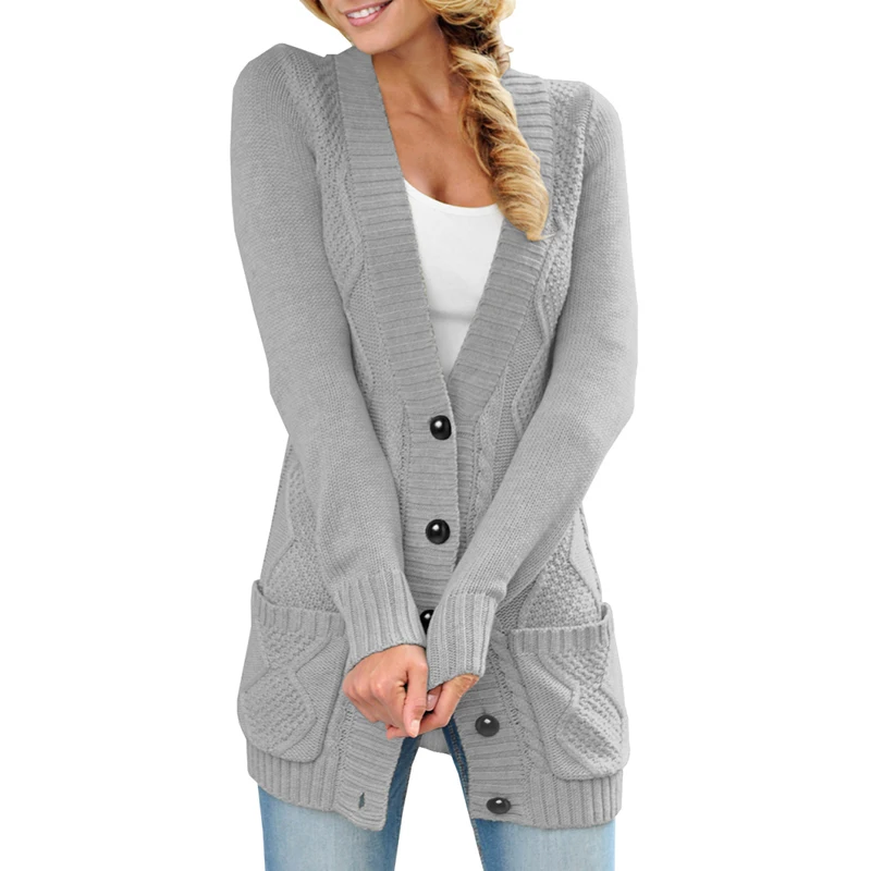 

Модные свитера, кардиганы для женщин 2020, осенне-зимняя одежда, повседневные трикотажные пальто с длинным рукавом и v-образным вырезом, Женск...