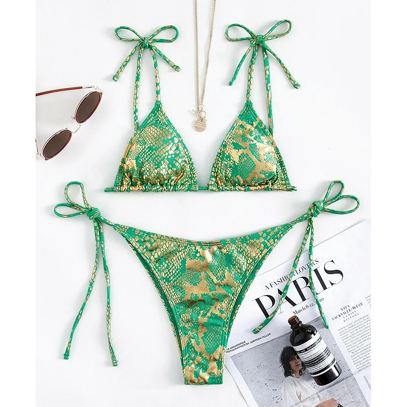 

Sexy Bikinis Shiny Snakeskin Print Swimwear Women Lace Up Bathing Suit 2021 Thong Swimsuit Triangle Push Up Bikini Set Beachwear
