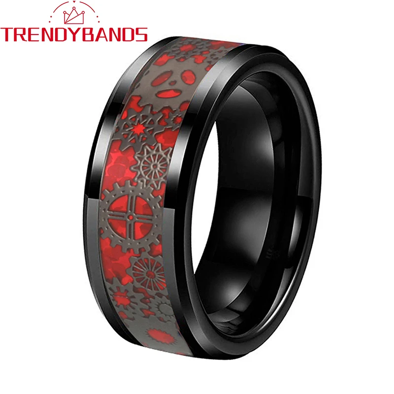 

8mm Wedding Band Tungsten Carbide Rings For Men Women Black Gears Red Opal Inlay Beveled Edges Polished Shiny Comfort Fit