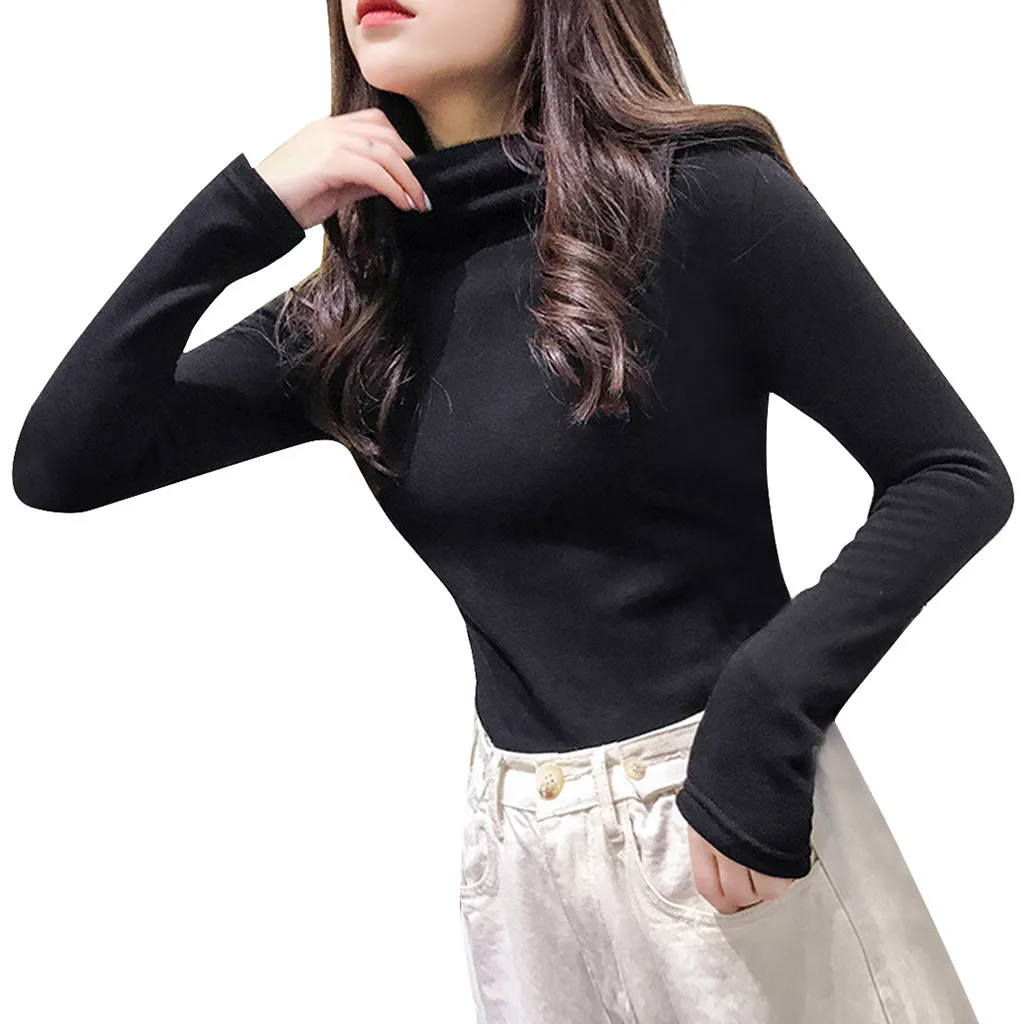 Осенне-зимние женские топы с высоким воротником и длинным рукавом однотонные