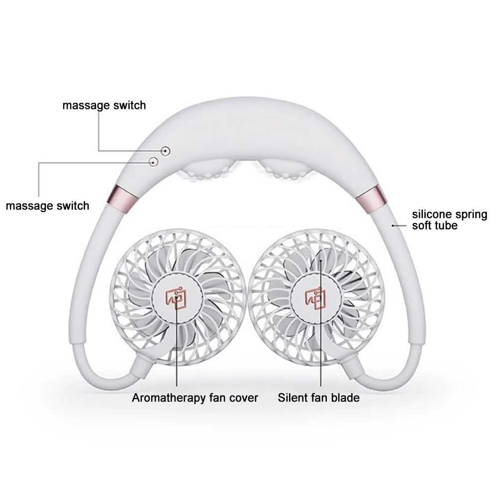 

Portable Summer USB Rechargeable Neckband Massage-Aroma LED Cooling Fan Cooler