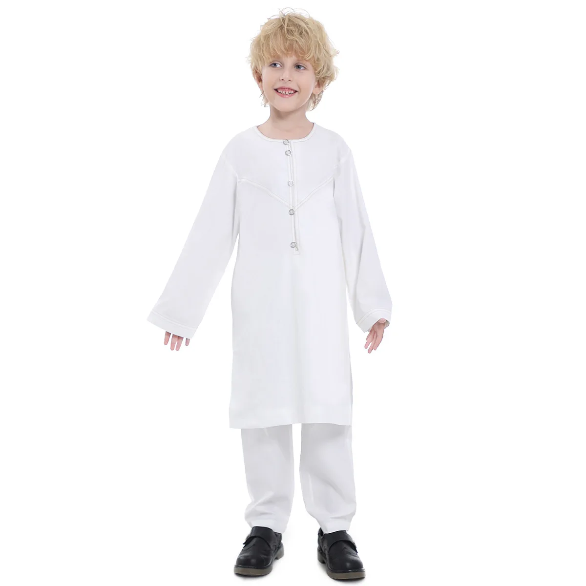 Muslim Boys Jubba Thobe Tops+Sherwal Pants Two Pieces Sets Qatari Abaya Saudi Dubai Islamic Prayer Garment Arabic Teenagers Robe