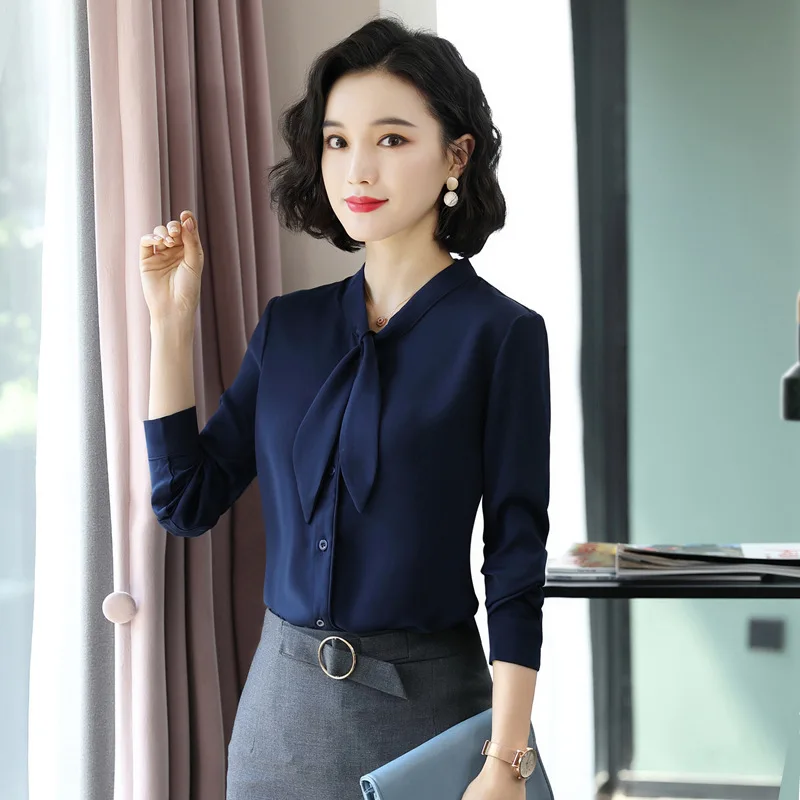 Dushicolorful  Women's Blouse Long Sleeve White Blue Elegant Bow Tie Office Lady Work Wear Shirt Formal Tops Plus Size 4xl