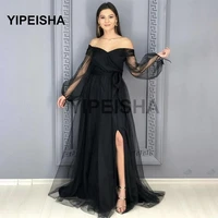 2021 new simple boat neck evening dress long sleeves backless tulle front split floor length prom party gown robe de soir%c3%a9e