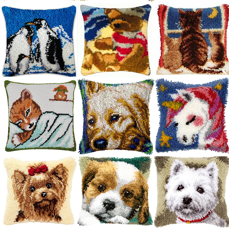 

Cartoon Animal Segment Embroidery Pillow Cats Dogs Coarse Wool Cross Stitch 3D Latch Hook Carpet Embroidery DIY Latch Hook Kit