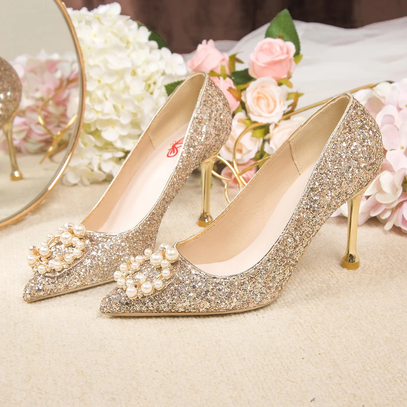 

Wedding Shoes Thick Heel/Stiletto Single Shoes Women Mid-heel Sequins Crystal Pearl Shoes 2022 New Wedding High Heels Fashion