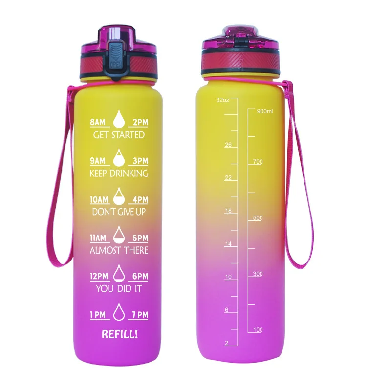 

32Oz Large Capacity Water Bottle Tritan BPA Free Time Marker Fitness Jugs Gradient Colorful Outdoor Fitness Sports Bottle