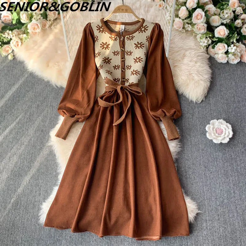 

Женское трикотажное платье в стиле пэчворк, весеннее Повседневное платье-трапеция с О-образным вырезом и длинным рукавом, однобортные платья-свитеры, бандажные платья