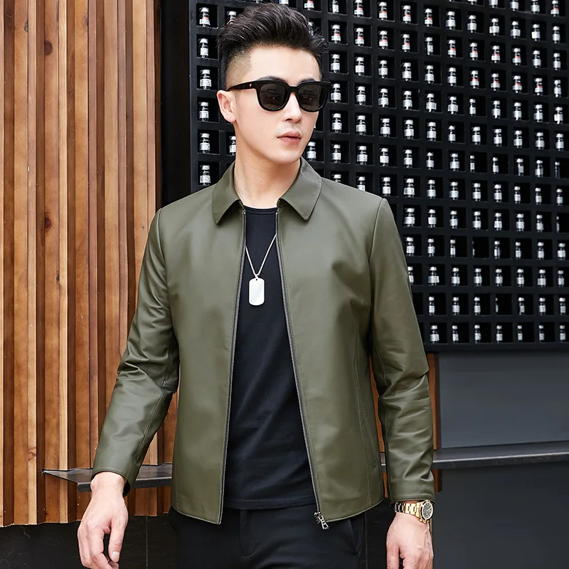 

Short leather jacket male Haining leather zipper dad fitted sheep leather business casual middle-aged leather jacket lapel leath