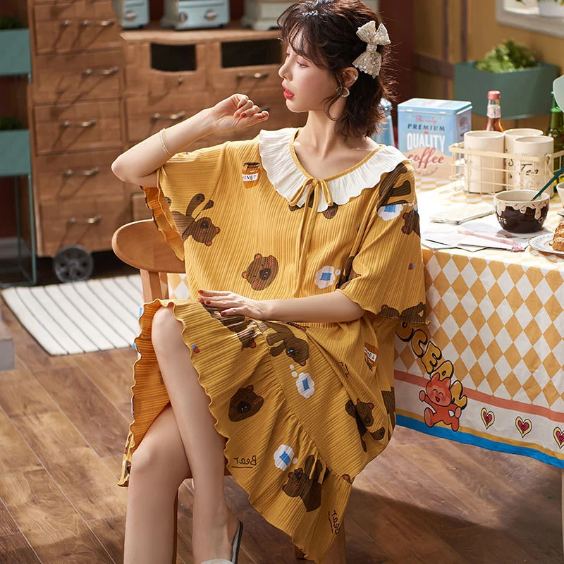 New Pajamas Women's Spring and Summer Plus Size Pajamas Round Neck Cute Loose Thin Home Service Night Gown Soft