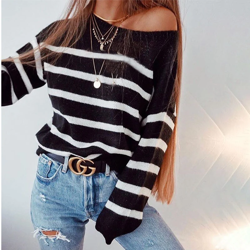 

Свитер женский в полоску, с круглым вырезом и длинными рукавами-фонариками, черно-белый, весна-осень 2021