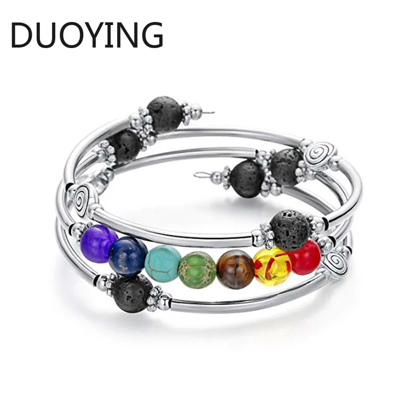 7 Чакра Мала Браслет с бусинами ручная работа проволочный браслет Лава Рок бирюзы