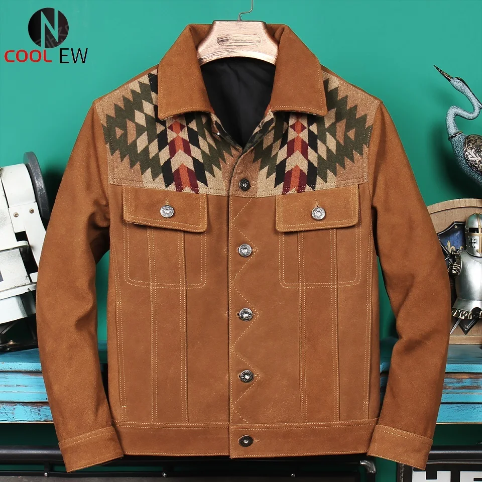 

Free shipping.2021 brand new popular cow leather jacket.Spliced men thick leather coat.brown Cow Suede leather clothes